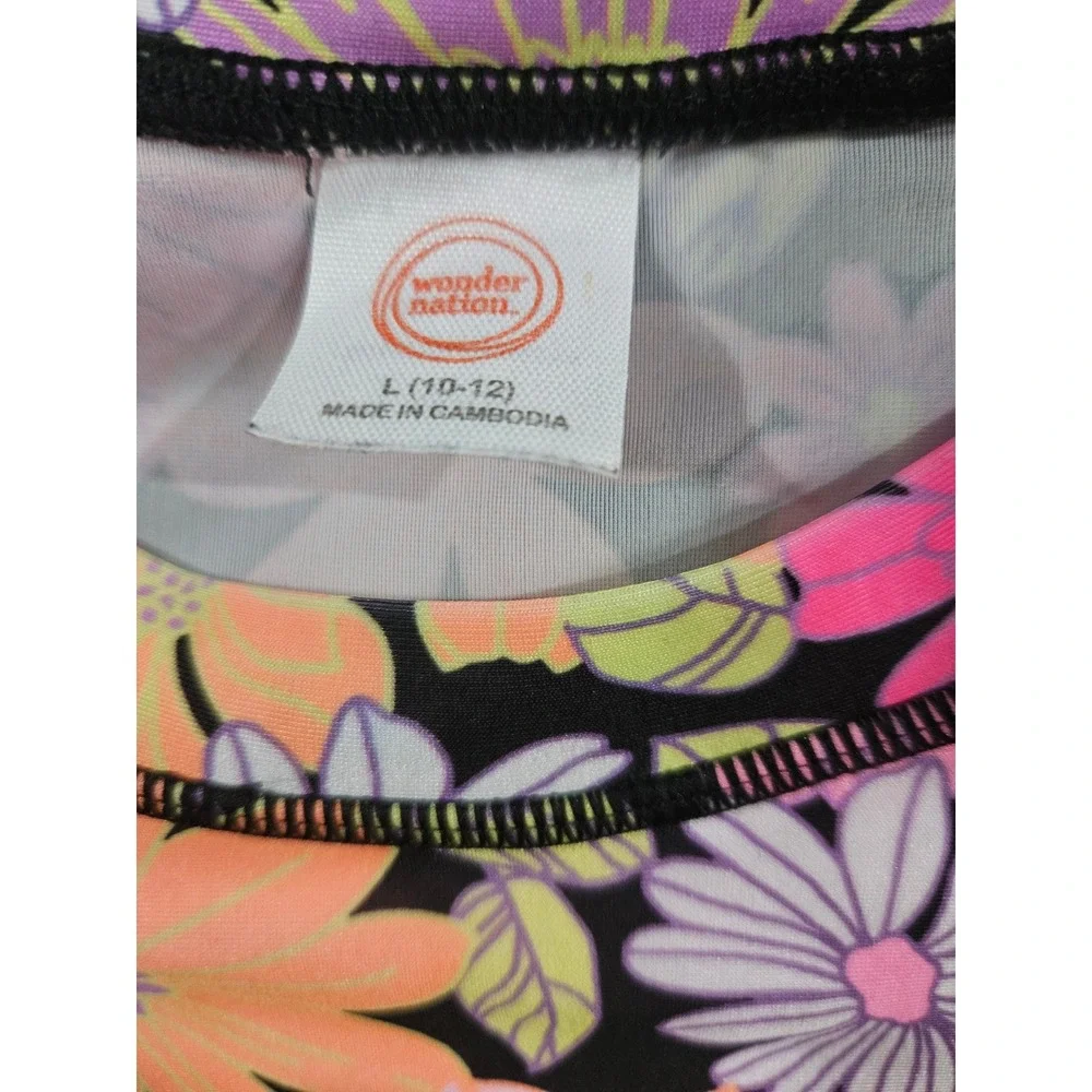 Wonder Nation Girls Floral Rash Guard Swim Top Pink Orange Purple Size L 10-12